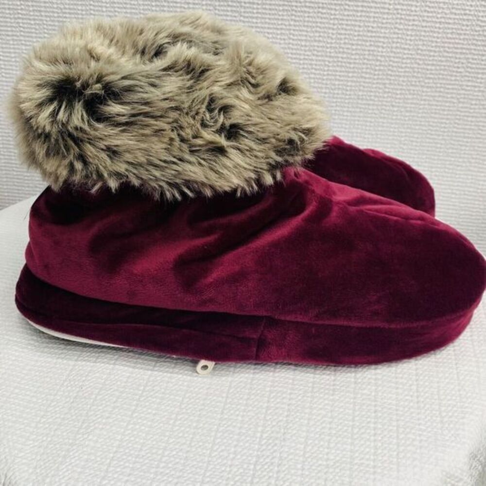 Womens Small Battery Operated Velvet Boot‎ Faux Fur Burgundy Wine Red